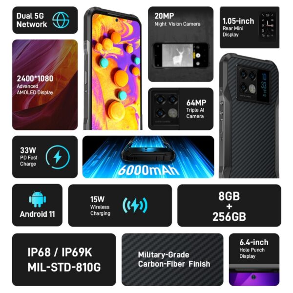 New DOOGEE V20 5G Rugged Phone 6.43"FHD AMOLED Display Innovative Rear Display Cellphone  8+256GB 64MP Camera 6000mAh NFC Phone - Image 7