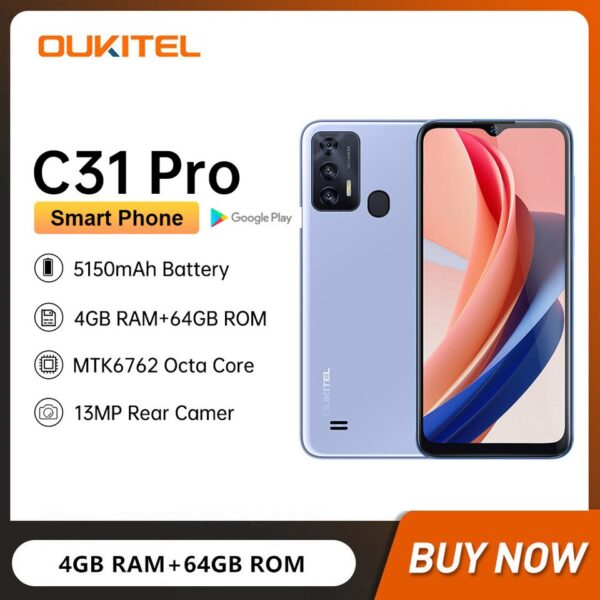 OUKitel C31 Pro 4G Smartphone, Octa-core, 4GB+64GB, 13MP, Câmera Android 12, Celular com 5150mAh de Bateria, Display 6.517 Polegadas