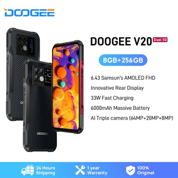 New DOOGEE V20 5G Rugged Phone 6.43"FHD AMOLED Display Innovative Rear Display Cellphone  8+256GB 64MP Camera 6000mAh NFC Phone